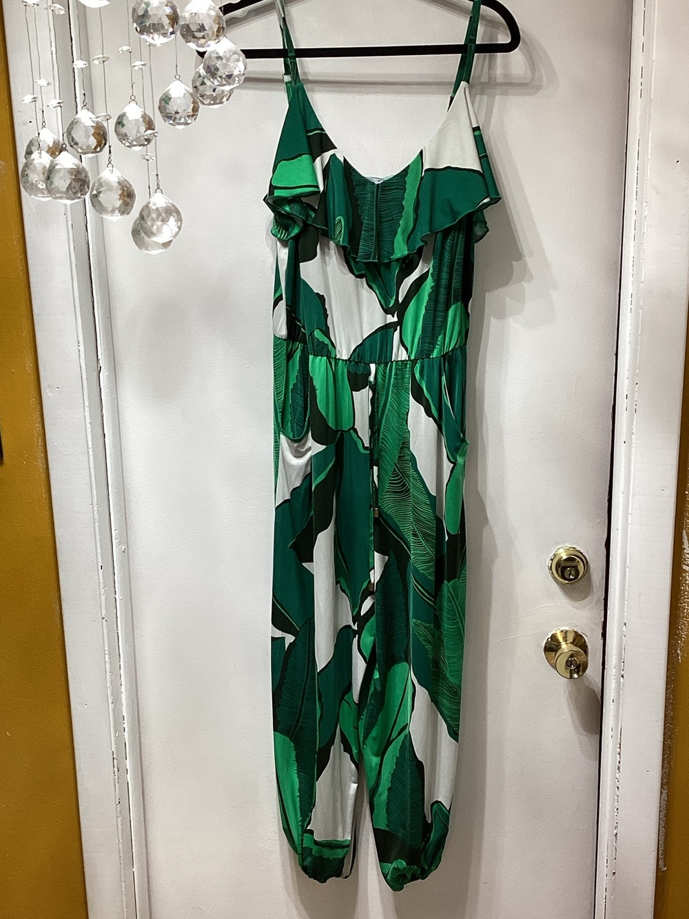 Leaf-Print Green Spaghetti-Strap Jumpsuit